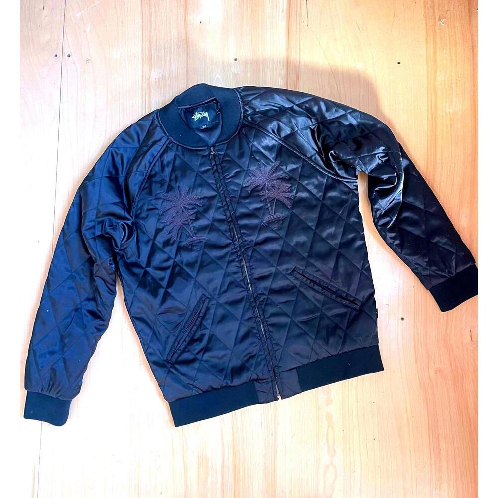 Stussy Satin Quilted Palm Tree Embroidery Bomber Jacket Mens Large Black - Picture 2 of 4